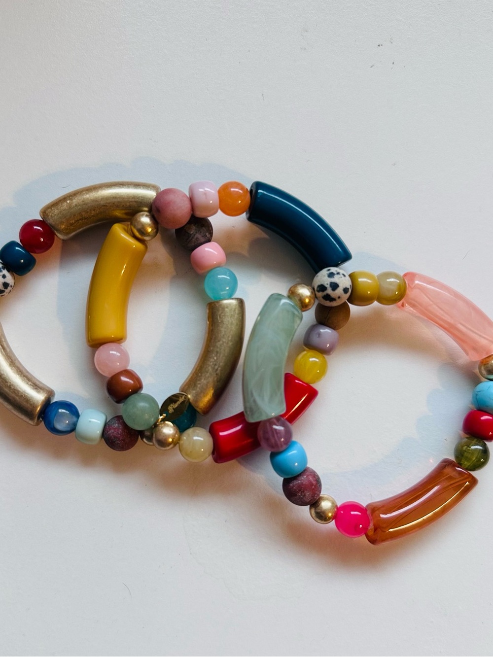 Set of 3 Multicolor Boho Mix Media Beaded Stretch Bracelets